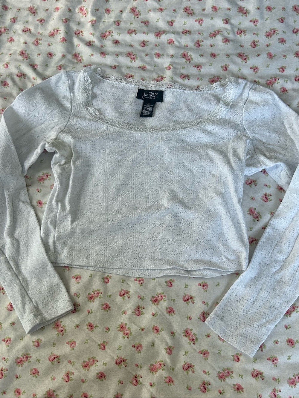 JUST POLLY White Long Sleeve Scoop-Neck Cropped Top